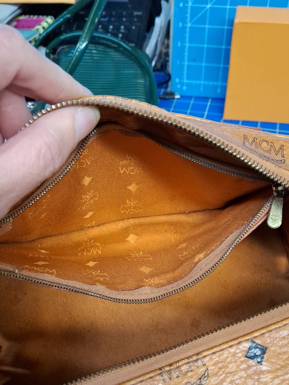 MCM Cognac Visetos Monogram Satchel Gold Hardware Removable Adj Strap Preloved - Picture 11 of 16